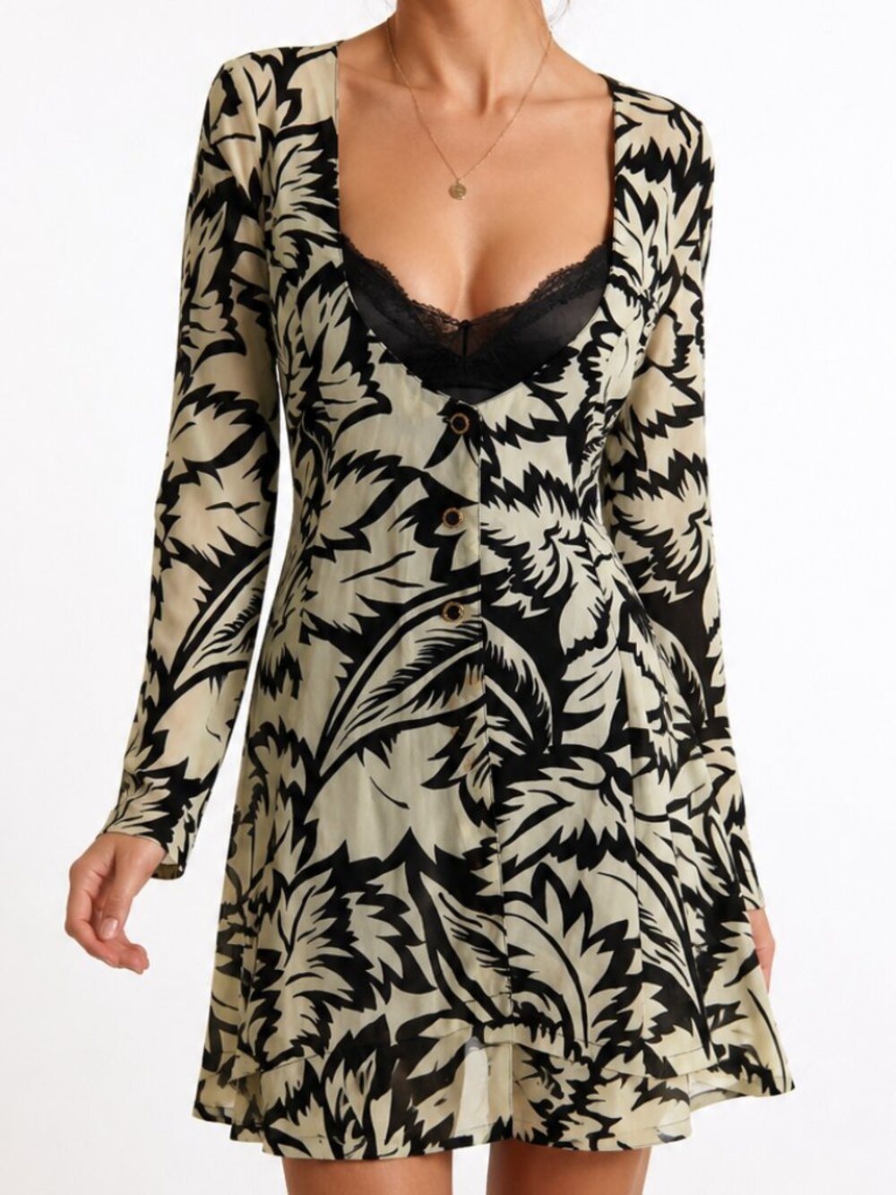moods by cabrelli vintage sheer black & white floral print tunic mini dress